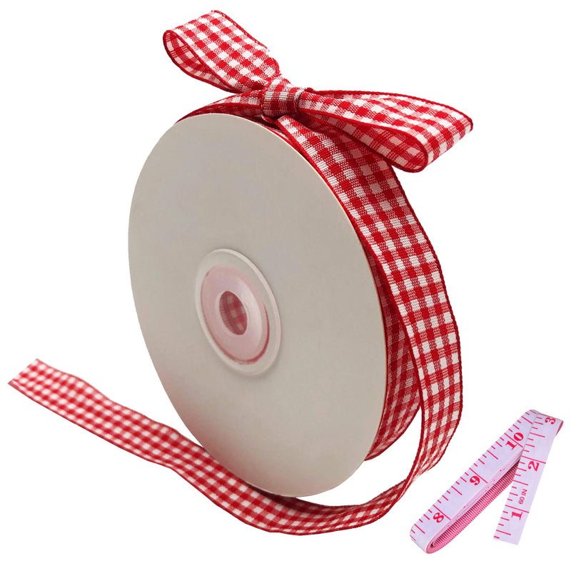 DAYEDZ Red and White Gingham Ribbon, 5/8" x 25Yd Roll Picnic Craft Red Buffalo Ribbon for Crafts Hair Accessories and Christmas Gift Wrapping,5/8 Inch Polyester Woven Edge +60" Tape Measurement - Image 1